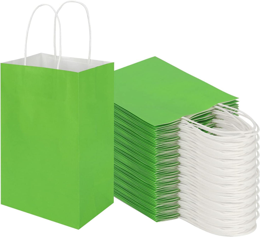 Paquete de 100 bolsas de papel kraft pequeñas de 5.25 x 3.25 x 8.25 pulgadas con asas, bolsas de regalo Toovip para recuerdos, tiendas de comestibles, fiestas, cumpleaños, compras, negocios, regalos, artesanías, mercancía, bolsas para llevar.