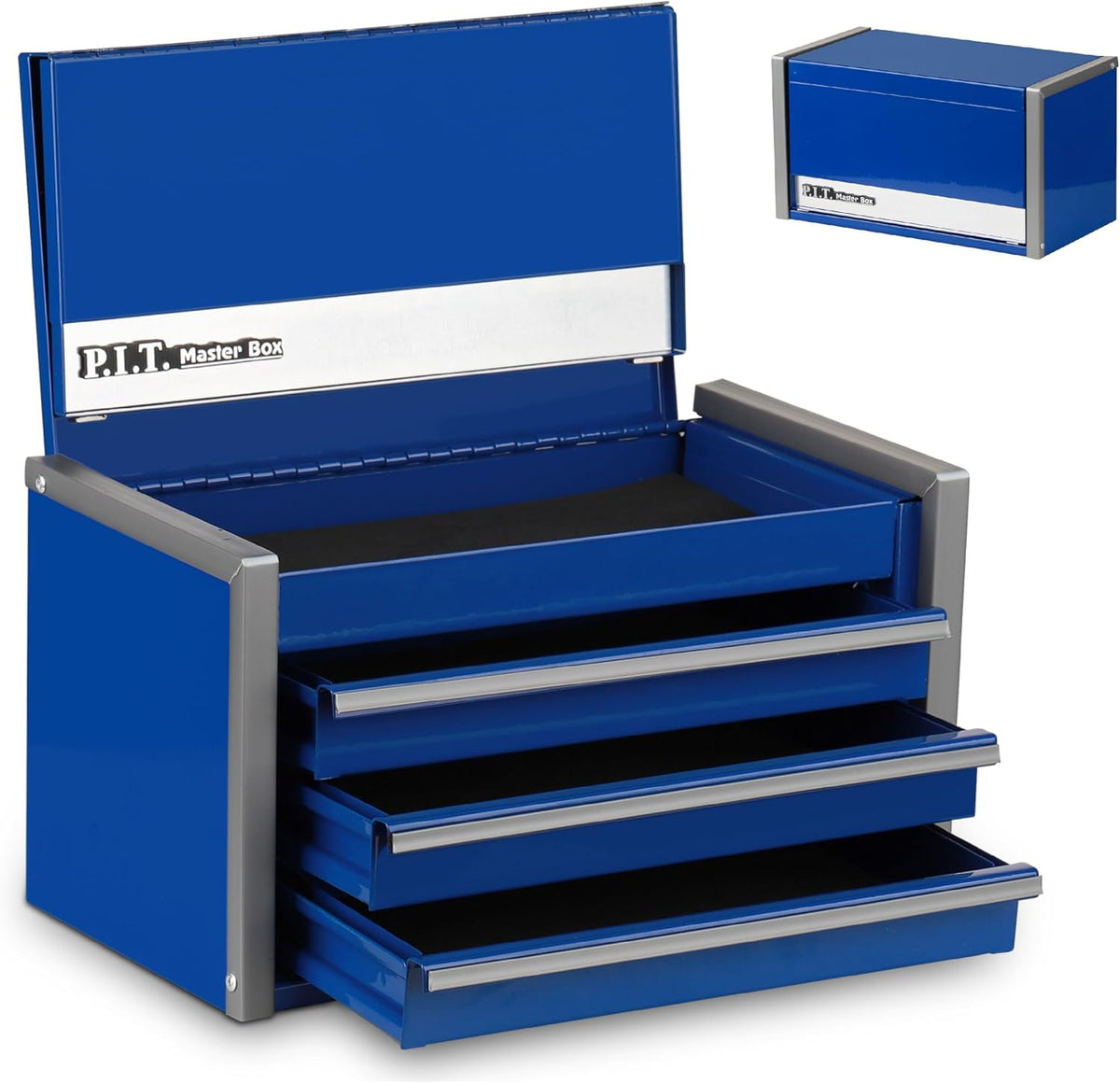 Mini caja de herramientas P.I.T. de 21, 8 cm de ancho x 11, 7 cm de profundidad, caja de herramientas portátil de acero azul apilable con 3 cajones y cierre magnético, cofre superior azul con forro para almacenamiento y organización de herramientas