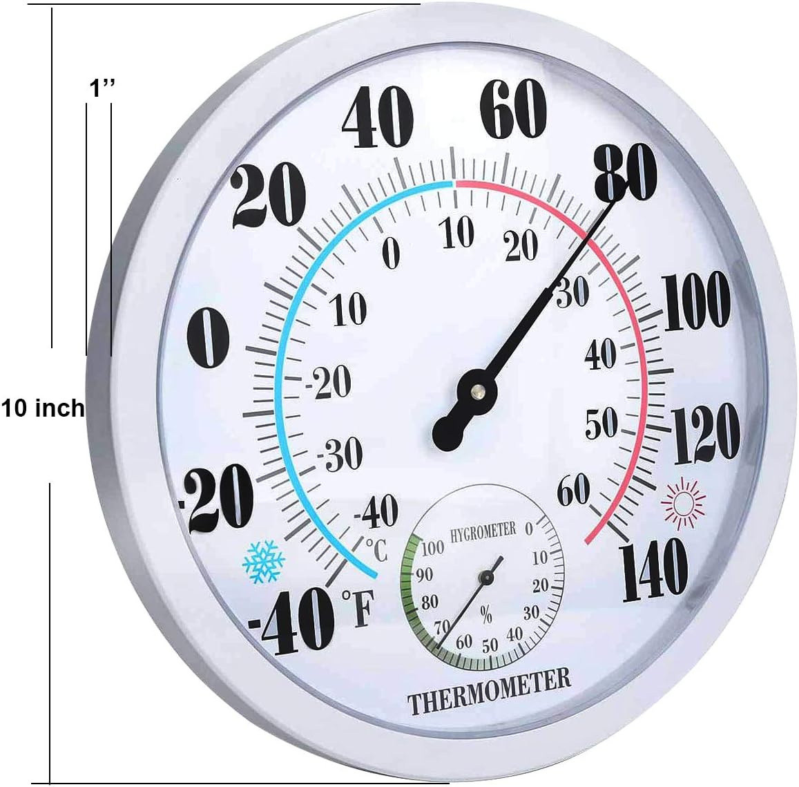 Termómetro higrómetro para interiores y exteriores, termómetro de pared colgante impermeable, termómetro decorativo para exteriores, grandes números, no necesita batería, termómetros al aire libre