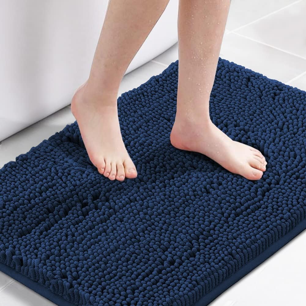 H.VERSAILTEX Alfombra de baño azul marino, tapete de baño antideslizante para suelo de baño, alfombra de baño extra gruesa de felpilla de 17 x 24 pulgadas, absorbente, suave, peluda, lavable