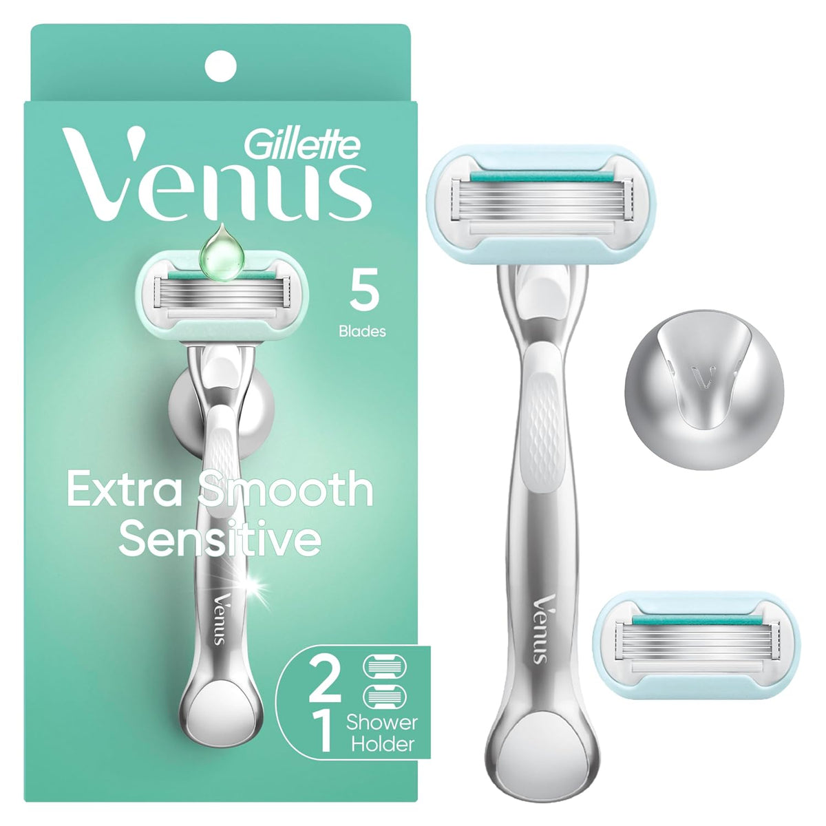 Gillette Venus Extra Smooth Sensitive para Mujer - Mango Metálico + 2 Recambios y Soporte Ducha