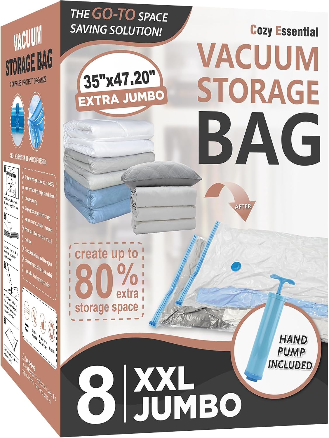 Bolsas de almacenamiento al vacío Cozy Essential, 80 % de compresión, sellado al vacío, bolsas de plástico que ahorran espacio para ropa, mantas, almohadas, ropa de cama, edredones, almacenamiento de ropa sellada, 8 XXL Jumbo