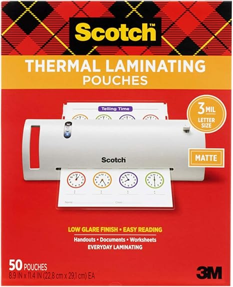 Bolsas de laminación térmica mate Scotch, ultra transparentes con acabado mate, tamaño carta 8.9 in x 11.4 in, paquete de 50 unidades