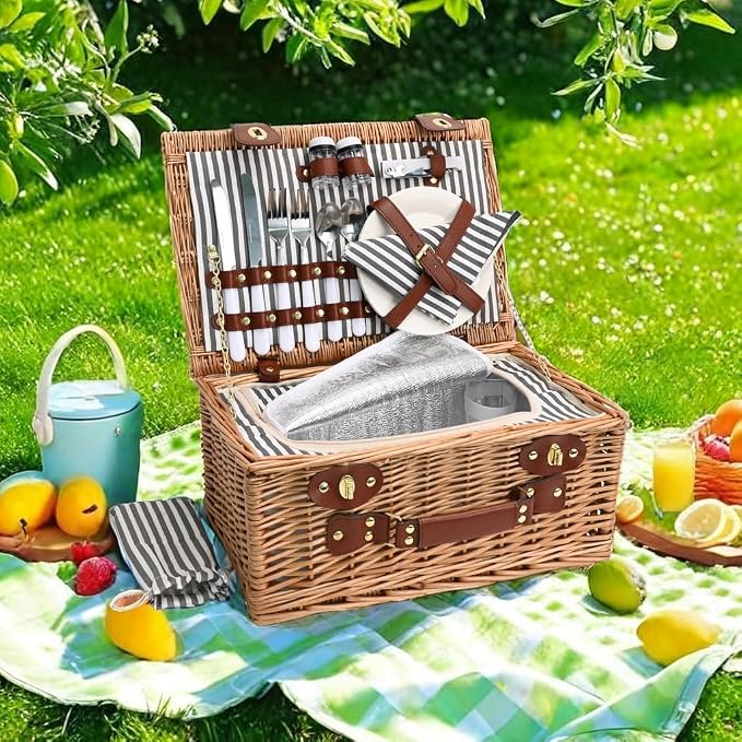 Juego de cestas de picnic de mimbre natural de 16 piezas para 2 personas con forro aislante para camping, bodas, San Valentín y regalos - Rayas