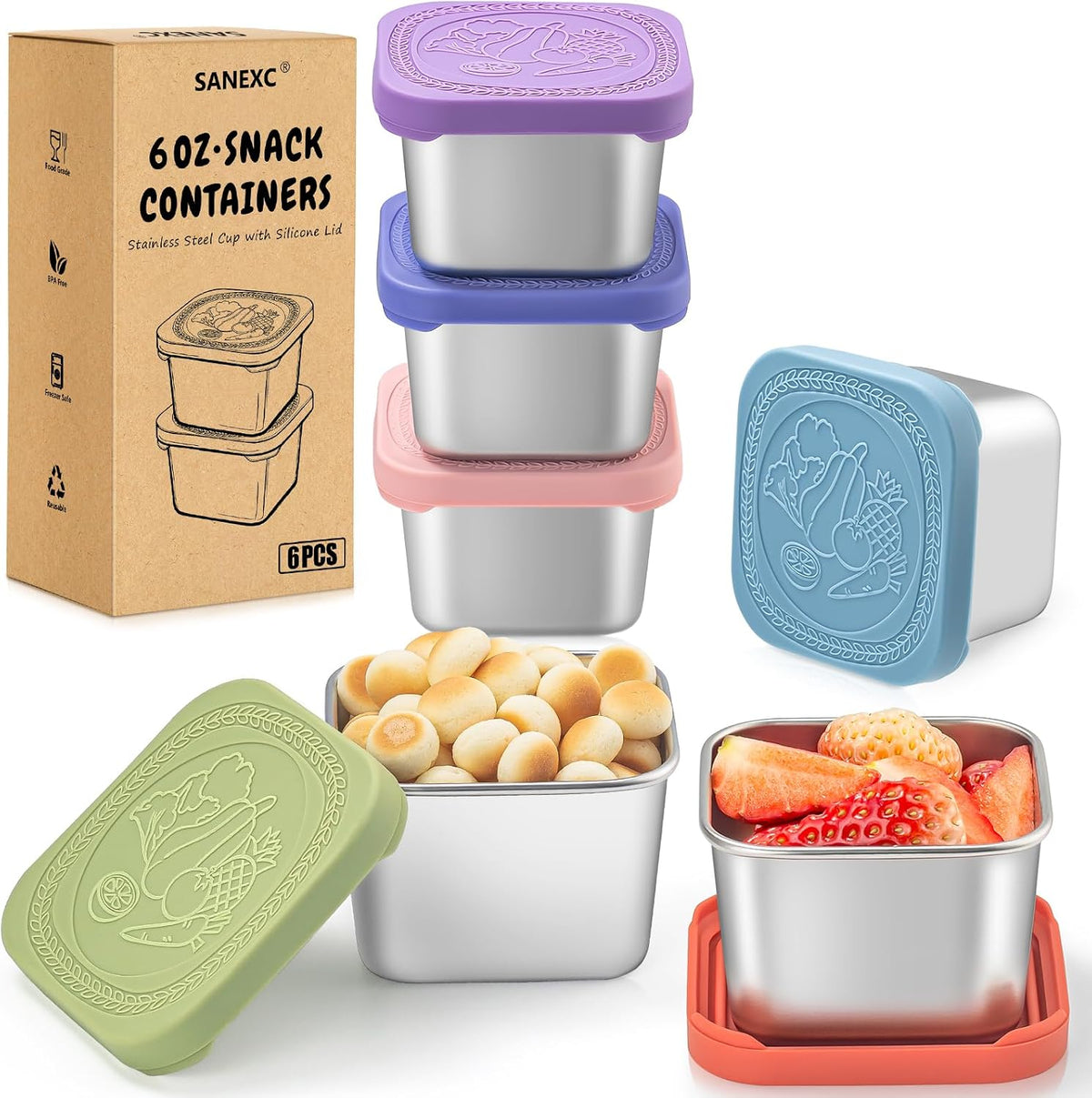 SANEXC Recipientes de acero inoxidable de 177 ml para refrigerios infantiles - Paquete de 6 recipientes metálicos para alimentos con tapas de silicona de fácil apertura, 100% a prueba de fugas, sin BPA, reutilizables, lonchera para bebés, guardería