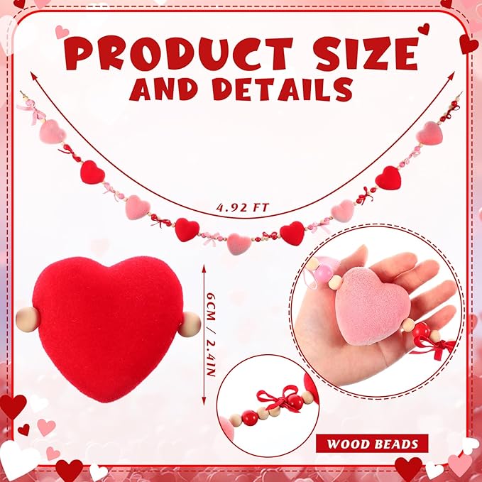 Guirnalda de Corazones Gilprop – Felpa Roja y Rosa con Cuentas de Madera para San Valentín y Bodas