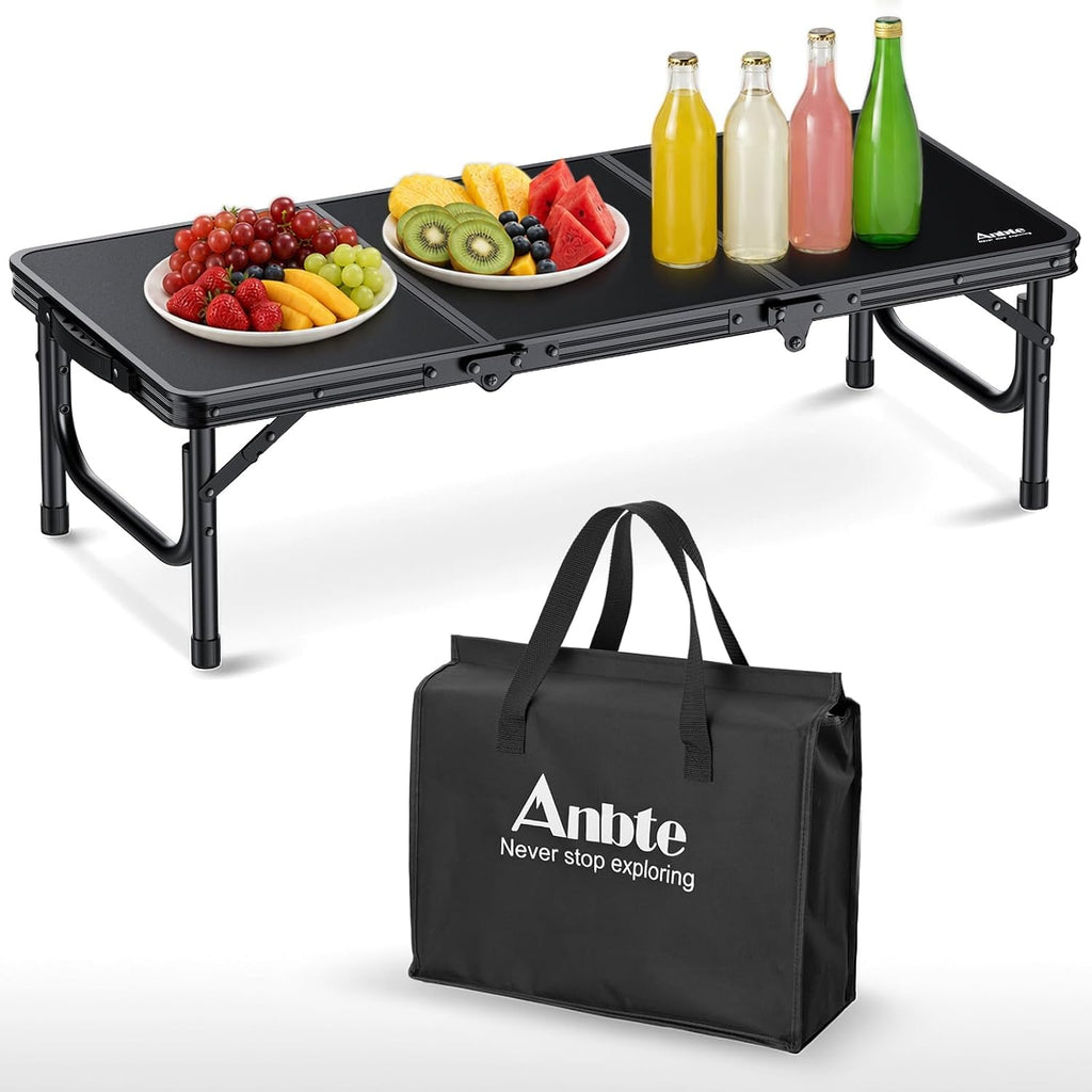 Mesa de picnic plegable baja Anbte de 90 cm, 26 cm de altura, aluminio grueso, mesa de camping pequeña con bolsa de almacenamiento, asa portátil, ligera, para camping, playa, fiestas y picnics, 87 cm x 40 cm, color negro.