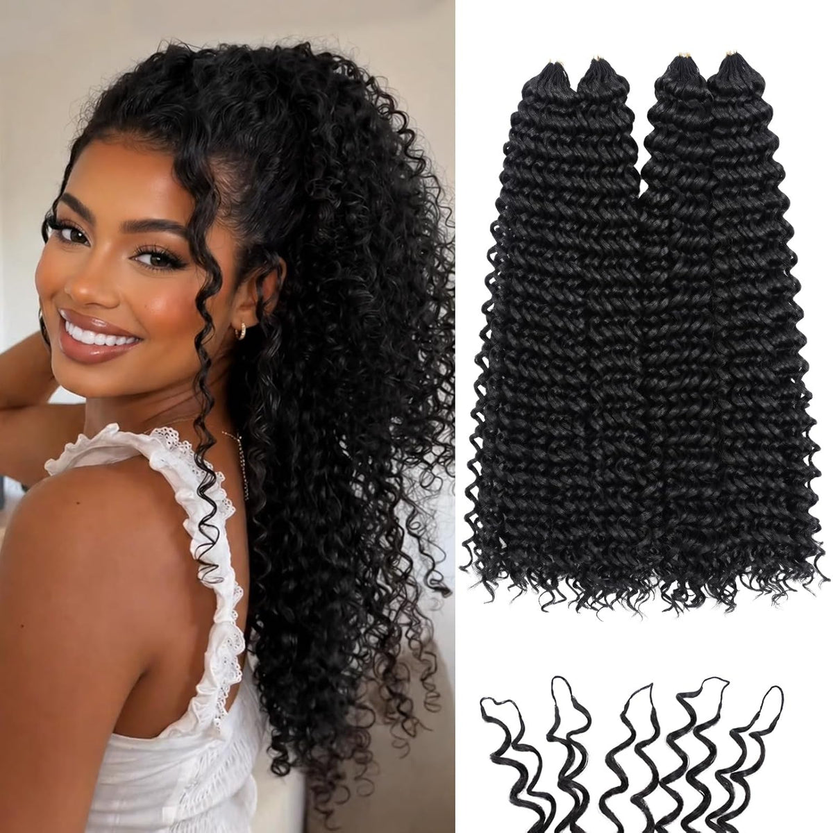 Extensiones de cabello sintético Miracle Knots Feather Crochet Hair (Jerry Curl) - 14" (35,5 cm) anudadas a mano, 100 mechones de cabello sin nudos, núcleo de algodón suave y sin pegamento (Negro natural)