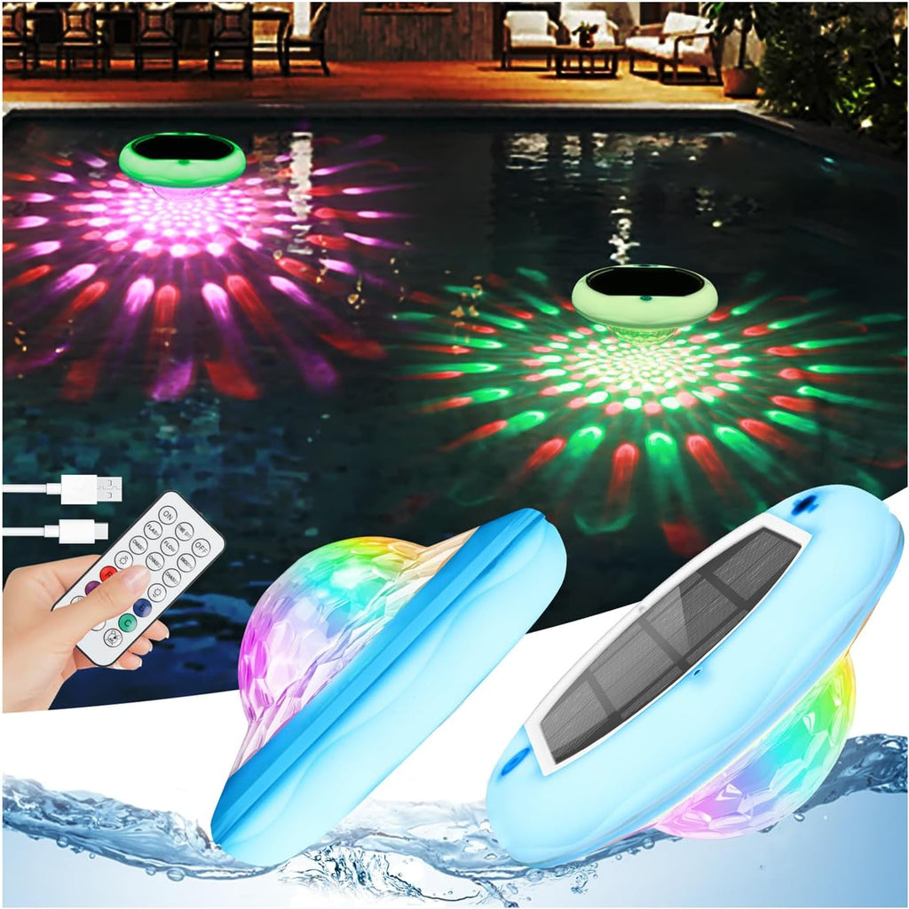 Luces Solares Flotantes para Piscina (Pack 2) | Recargables USB, 6.69'' IP68 Impermeables, 6 Modos con Control Remoto