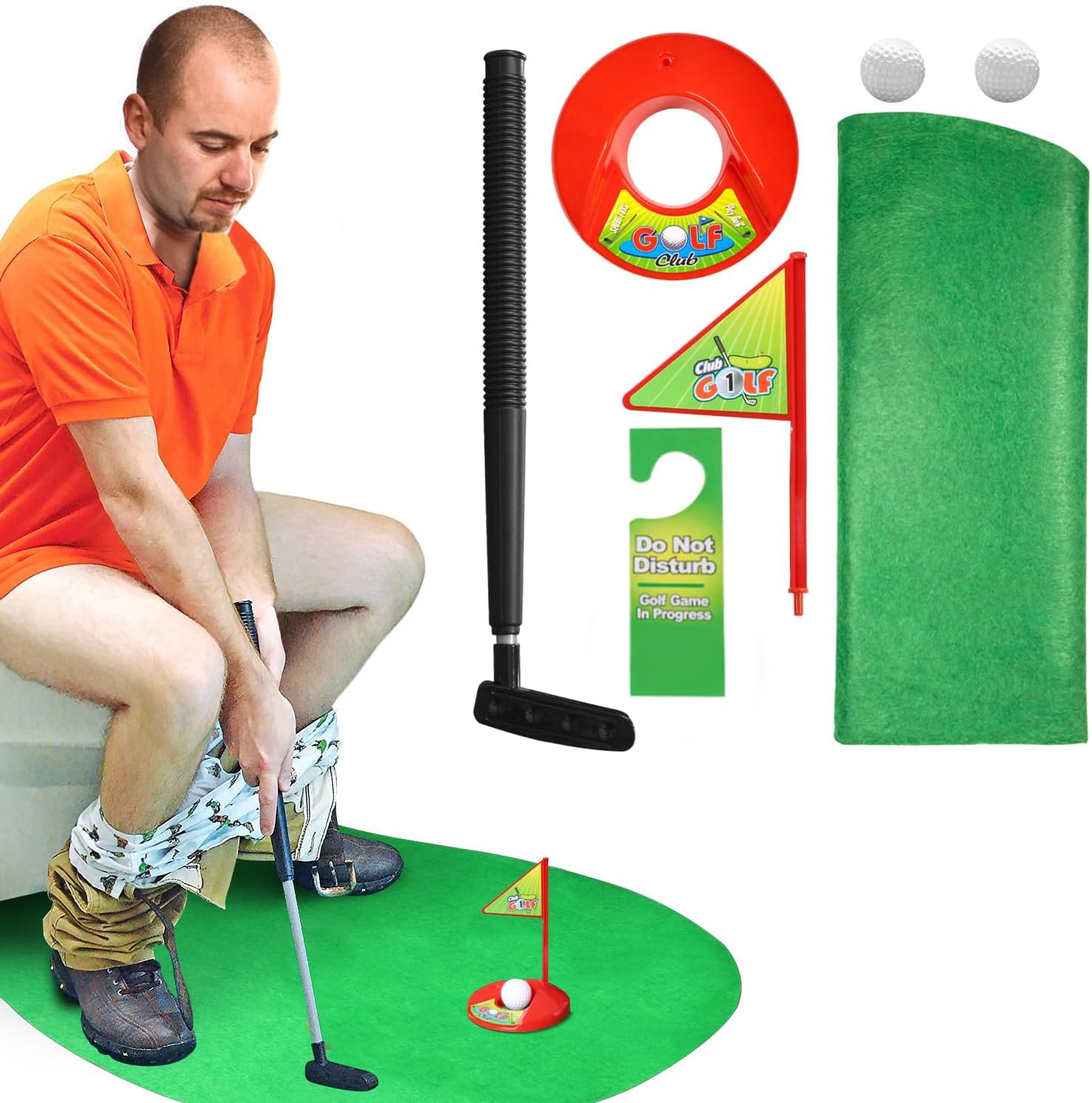 Novelty Place Toilet Golf Game Set - Practice Mini Golf in Any Restroom/Bathroom - Father's Day, White Elephant, Christmas, Valentines Funny Gag Gifts