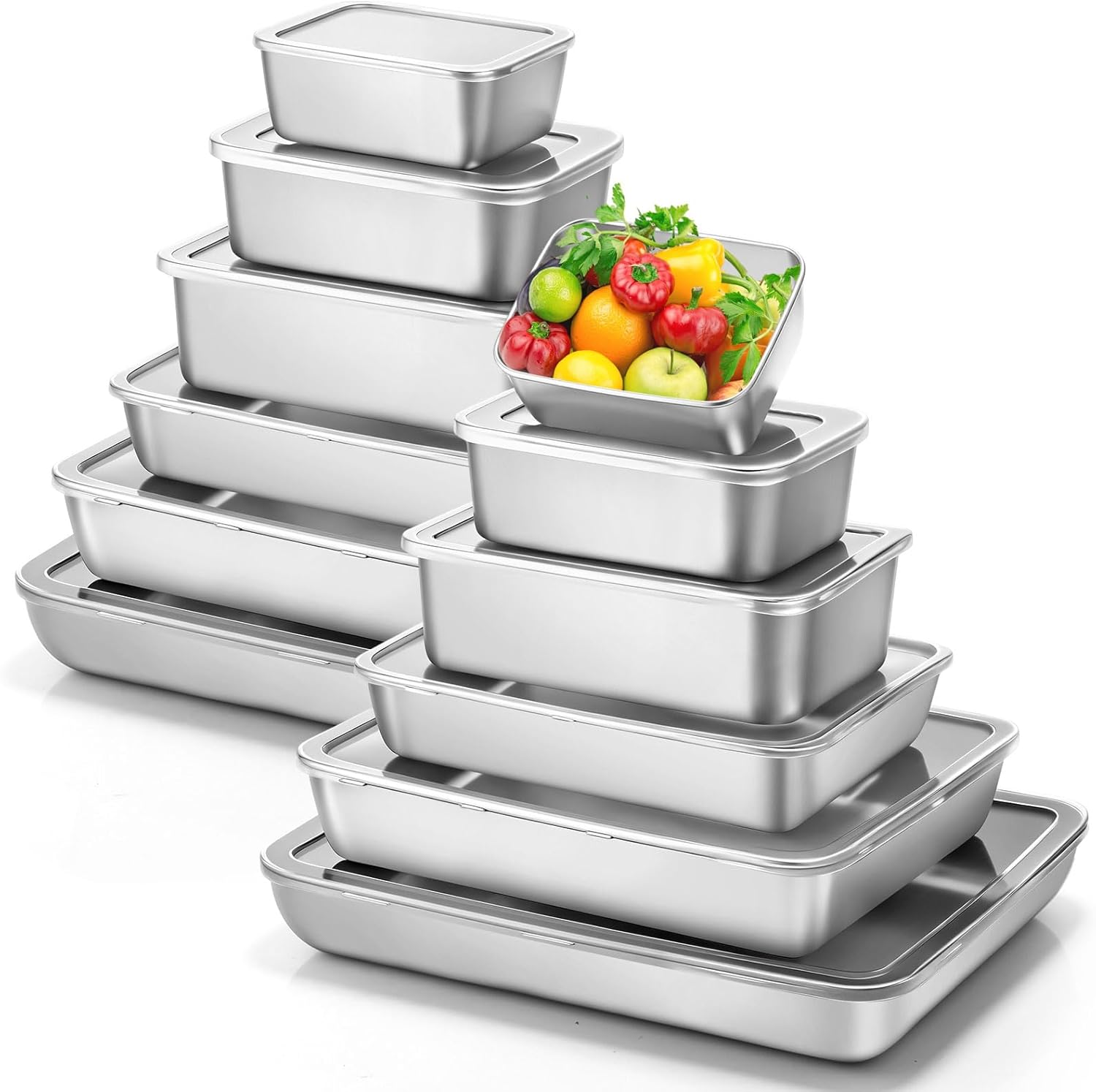 12 recipientes de acero inoxidable para almacenar alimentos, 6 tamaños, con tapa, reutilizables, apilables, de metal, para marinar carne, horno, congelador y sobras. Apto para lavavajillas. 