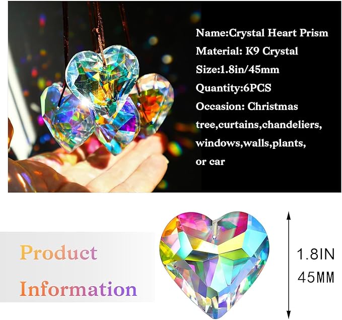 HDCRYSTALGIFTS 6 piezas de 1.969 in de cristal de prisma de corazón atrapasoles ventana atrapasoles cristales colgantes decoraciones arco iris fabricante colgante adornos de vidrio para el día de San Valentín/Día de Galentinos