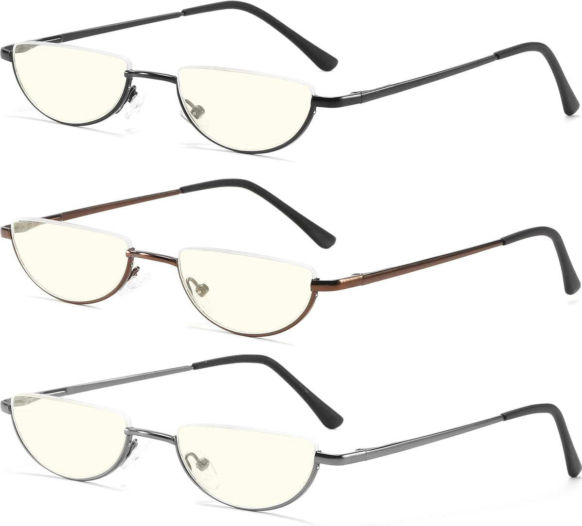 Gafas de lectura TOVEEN con lentes de media luna, bloqueo de luz azul, montura semicircular, bisagra de resorte, con estuche para hombres y mujeres, paquete de 3 + 2.5