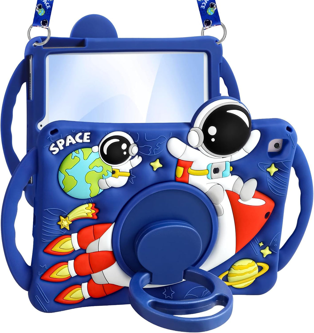 Boaretiu Funda Infantil para iPad 6a/5a Generacion, Pro 9.7, Air 2 y Air 1 | Diseno Astronauta 3D de Silicona con Correa y Soporte Giratorio
