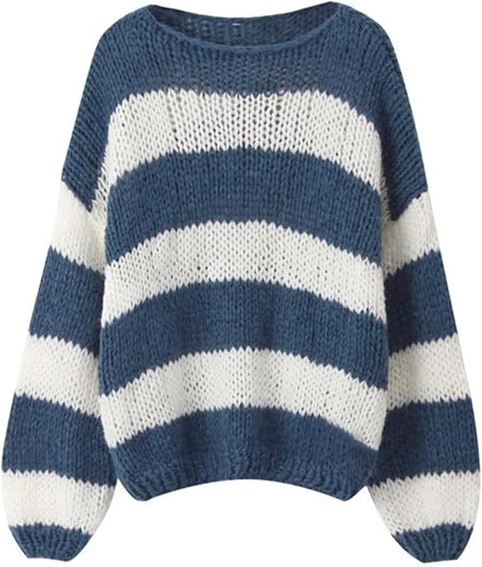 Suéter ZESICA Oversized a Rayas Color Block – Tejido Cómodo Cuello Redondo | Gris Verde Talla L