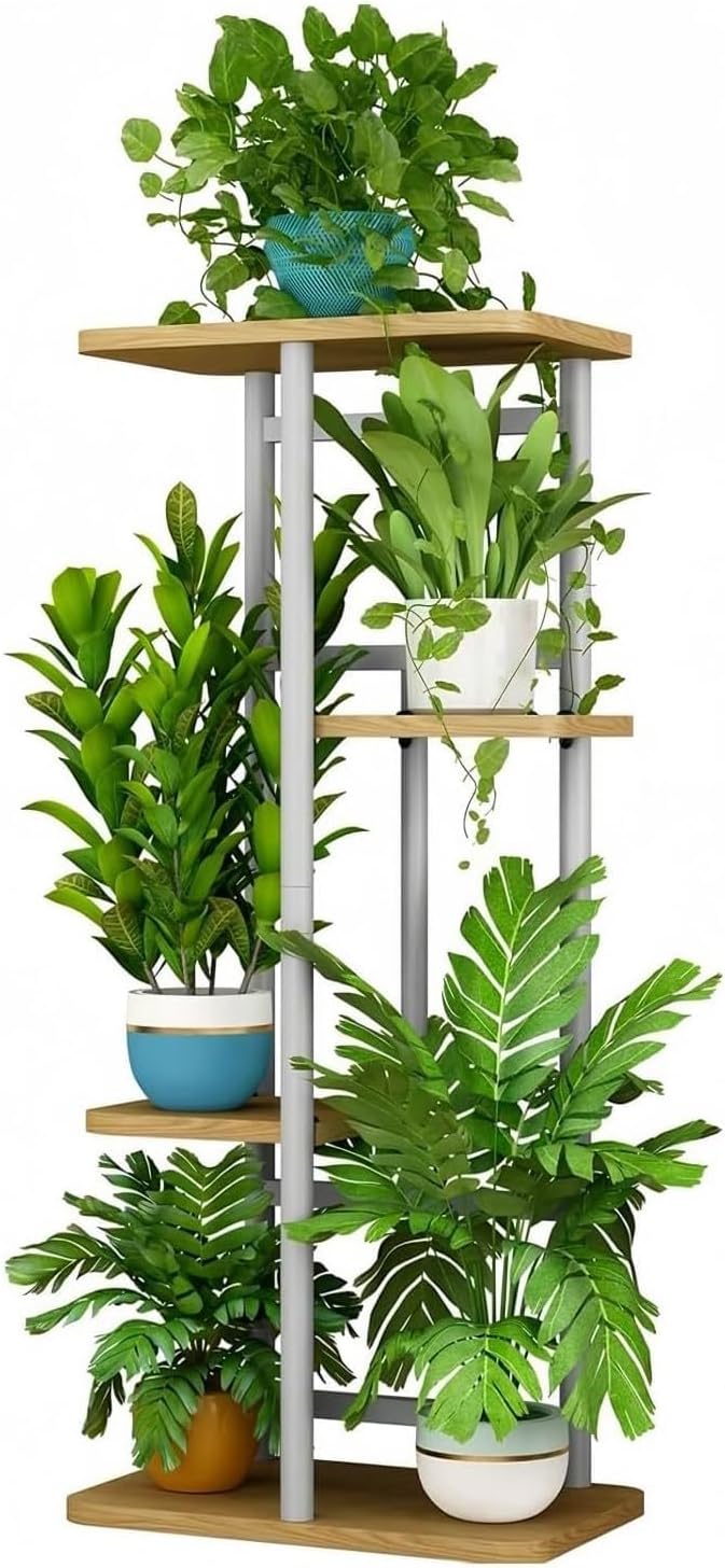 Soporte para plantas LINZINAR de interior, 4 niveles, 5 macetas, estante múltiple para plantas, ideal para jardín, esquina, balcón o sala de estar, color blanco.