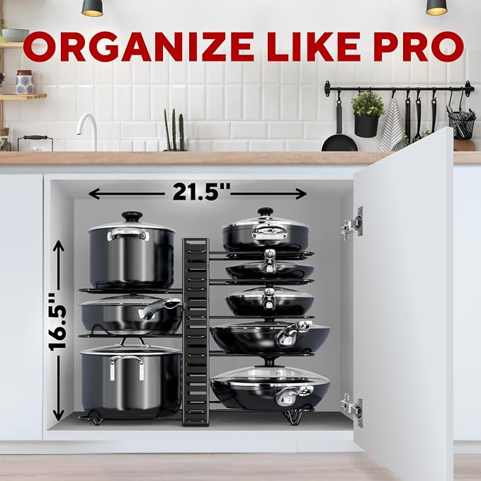 Organizador de ollas y sartenes debajo del gabinete, organizador de sartenes ajustable de 8 niveles para gabinete, organizador de ollas y sartenes resistente, perfecto para almacenar ollas, sartenes, tapas, fácil organización y almacenamiento de la cocina