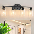 Unicozin Accesorios de iluminación de baño, 4 luces para tocador de baño, lámpara de pared negra con vidrio transparente para espejo, sala de estar, pasillo, gabinete, base E26