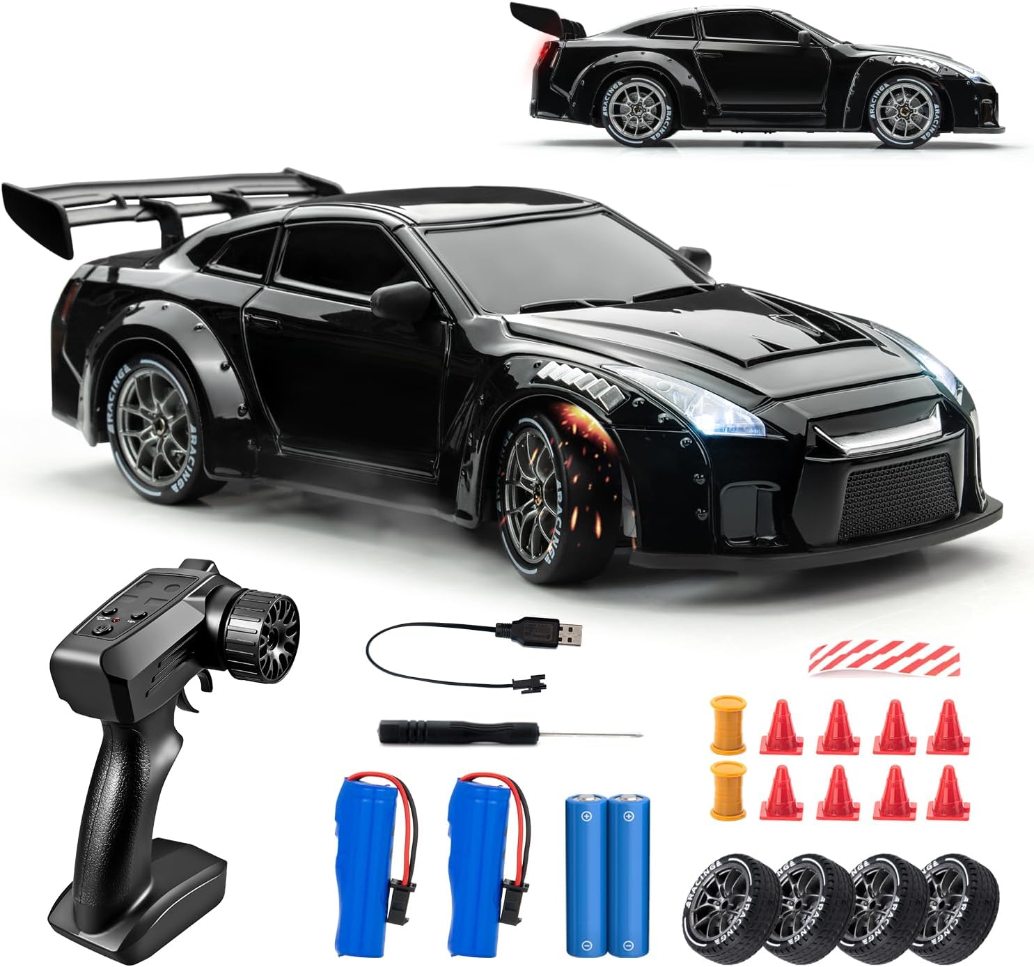 Auto RC Drift a Control Remoto Escala 1:24 – Luces LED, 2.4GHz, 20 km/h, 4WD, Llantas Drift y 2 Baterías, Color Negro