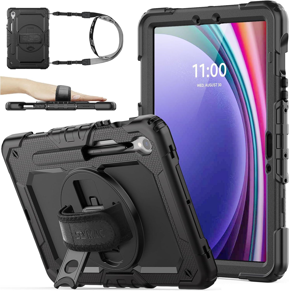 Funda SEYMAC para Samsung Galaxy Tab S10 Lite / S10 FE / S9 FE 5G / S9 Tablet de 10.9''/ 11'' con protector de pantalla, soporte para lápiz, soporte giratorio de 360°, correa de mano, correa para el hombro, color negro.