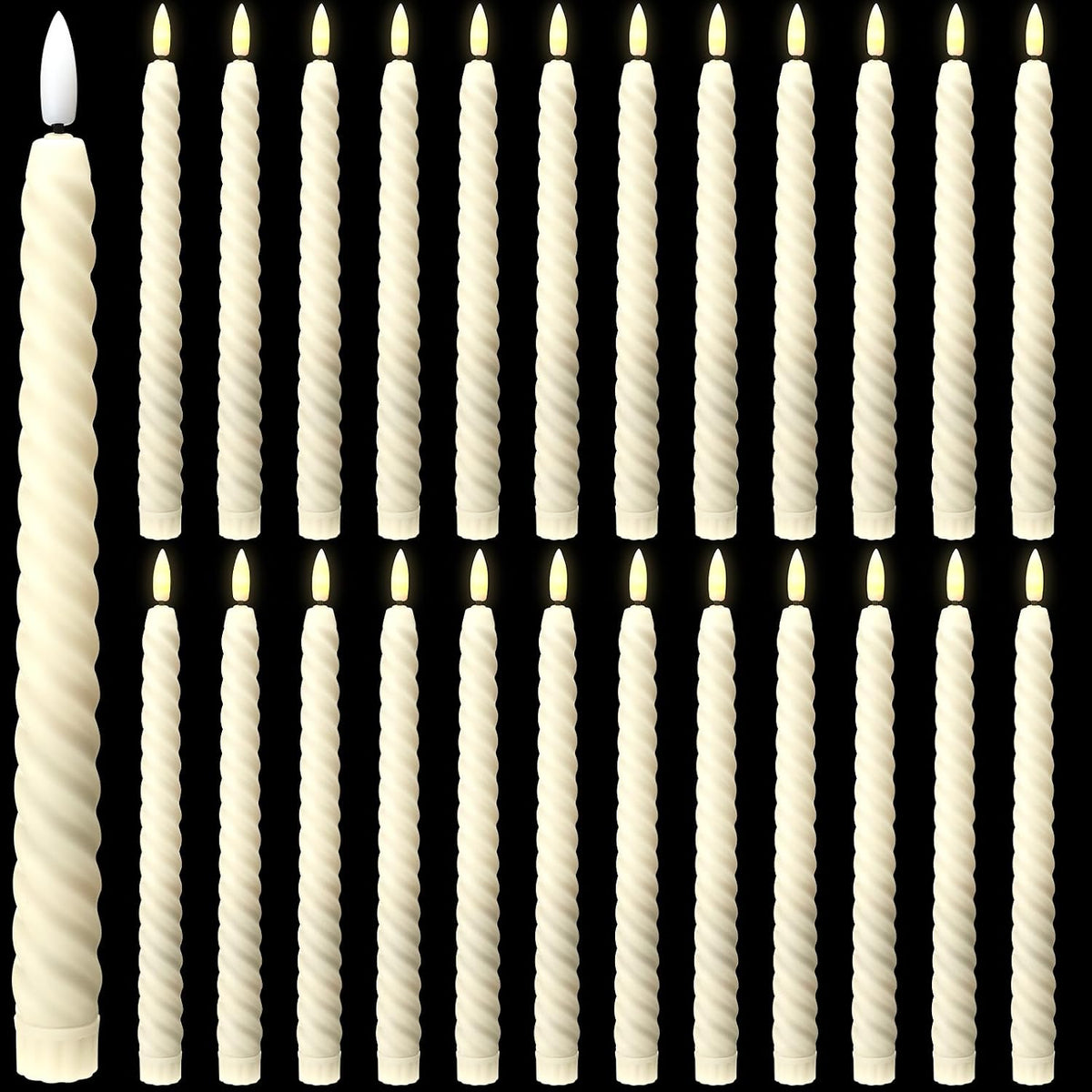 Tuanse Pack de 24 Velas Conicas Retorcidas sin Llama de 10 pulgadas | LED a Bateria, Luz Parpadeante Calida para Bodas, Cumpleanos y Decoracion (Marfil)