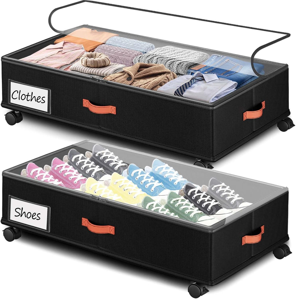 Tsinglax Almacenamiento debajo de la cama con ruedas, paquete de 2, contenedores de almacenamiento debajo de la cama de 66 L con tapas transparentes, cajones de almacenamiento con ruedas para ropa, zapatos y mantas, organizadores debajo de la cama (76 cm