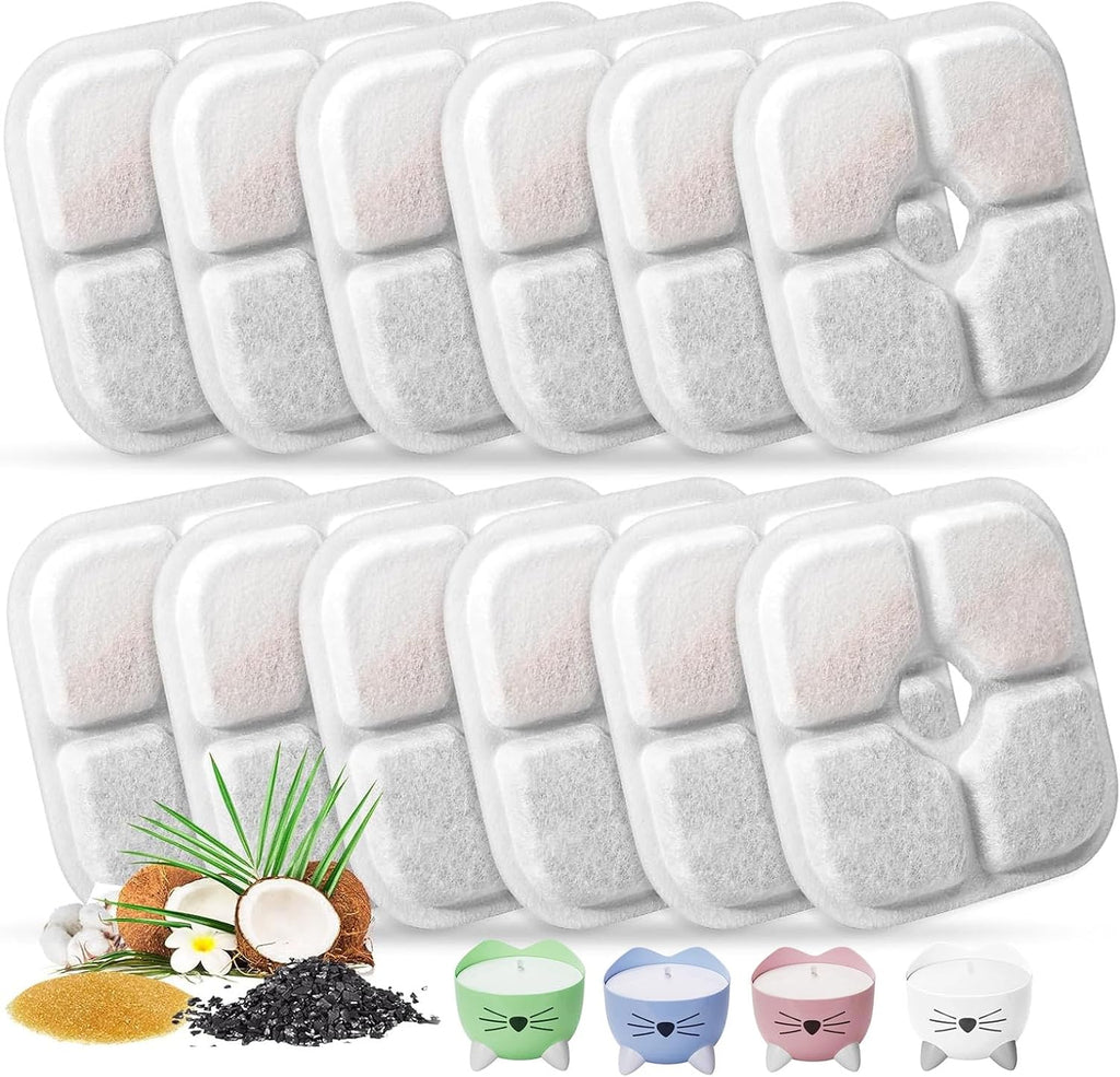 Filtros de Reemplazo para Fuente de Agua de Gatos | Compatibles con Fuente de 2.5L con Diseno de Bigotes | Filtro de Triple Accion (Pack de 12)