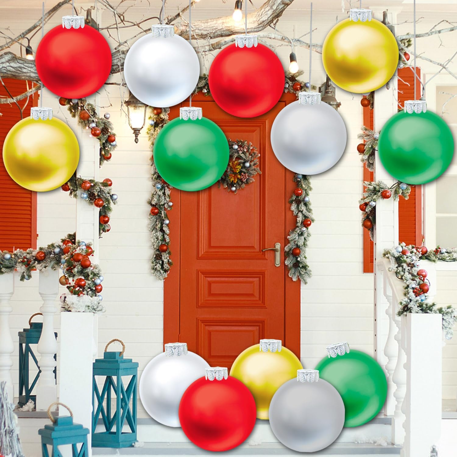 YHFUISK 10 PCS Outdoor Decorations, 11 Inch Inflatable Christmas Balls, Festive Ornaments for Front Door Yard, with Pump (Red, Green, White, Gold, Silver)