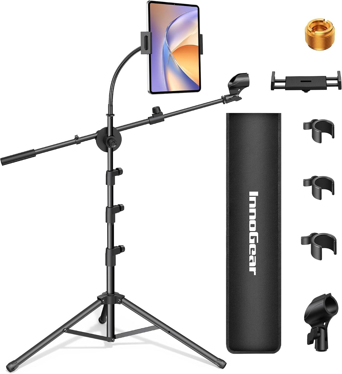 Soporte para micrófono InnoGear, paquete de 2, 6 en 1. Soporte de suelo con soporte para tablet o teléfono, altura ajustable de 76 cm a 182 cm. Soporte de trípode con brazo articulado y cuello de cisne. Bolsa de transporte para karaoke y escenarios.