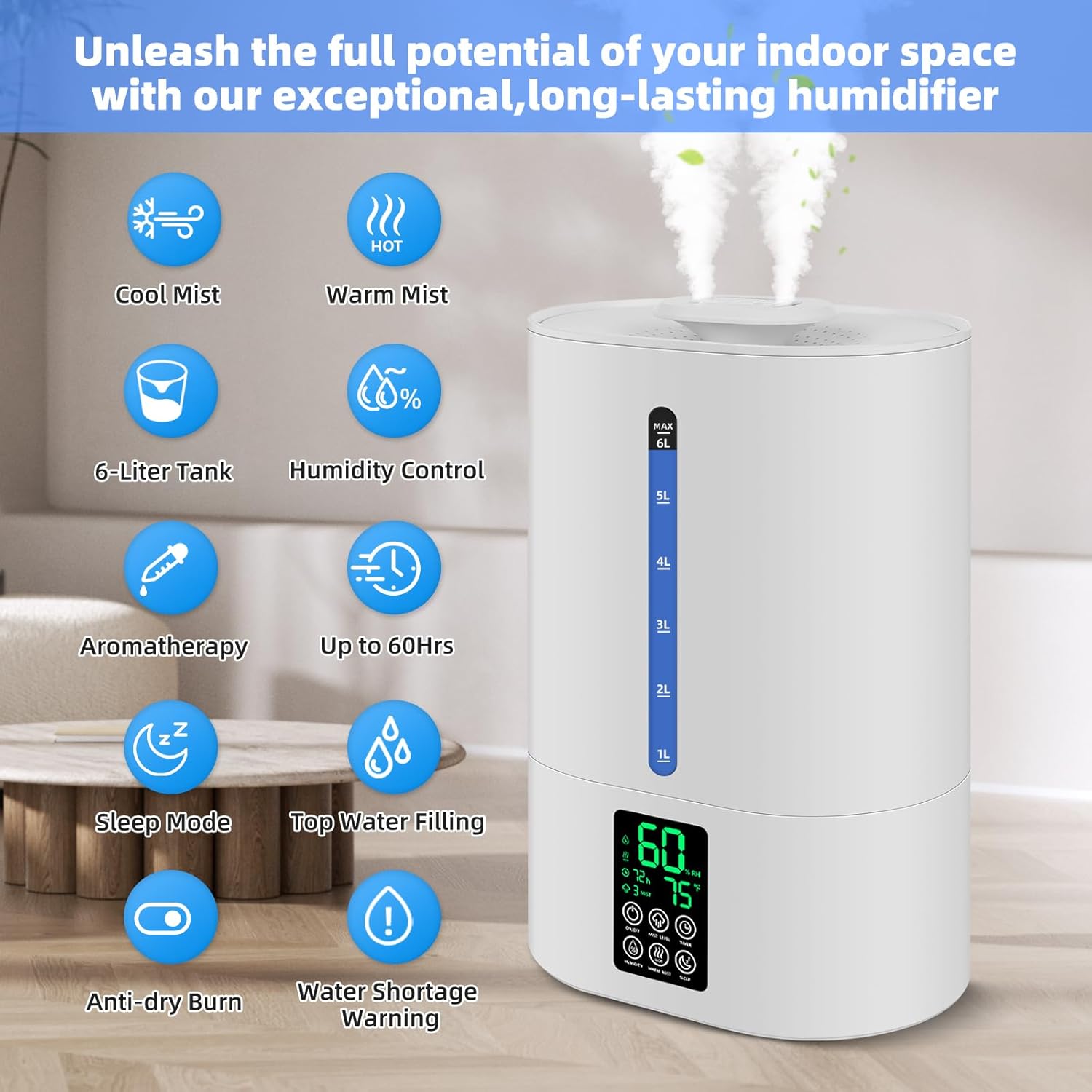 Humidificador 6L Frío y Caliente — Difusor de Aceites Esenciales, Boquilla 360°, Silencioso para Dormitorio, Bebé y Plantas, Blanco