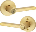 Manilla de puerta de entrada Kwikset Halifax con cerradura y llave, palanca reversible con llave de seguridad para exteriores, para entrada principal y dormitorios, latón satinado, seguridad con cambio de llave Smartkey resistente a la manipulación y