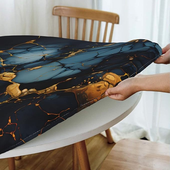 Mantel redondo con estampado de mármol negro dorado, impermeable y lavable con bordes elásticos, adecuado para decorar mesas redondas.
