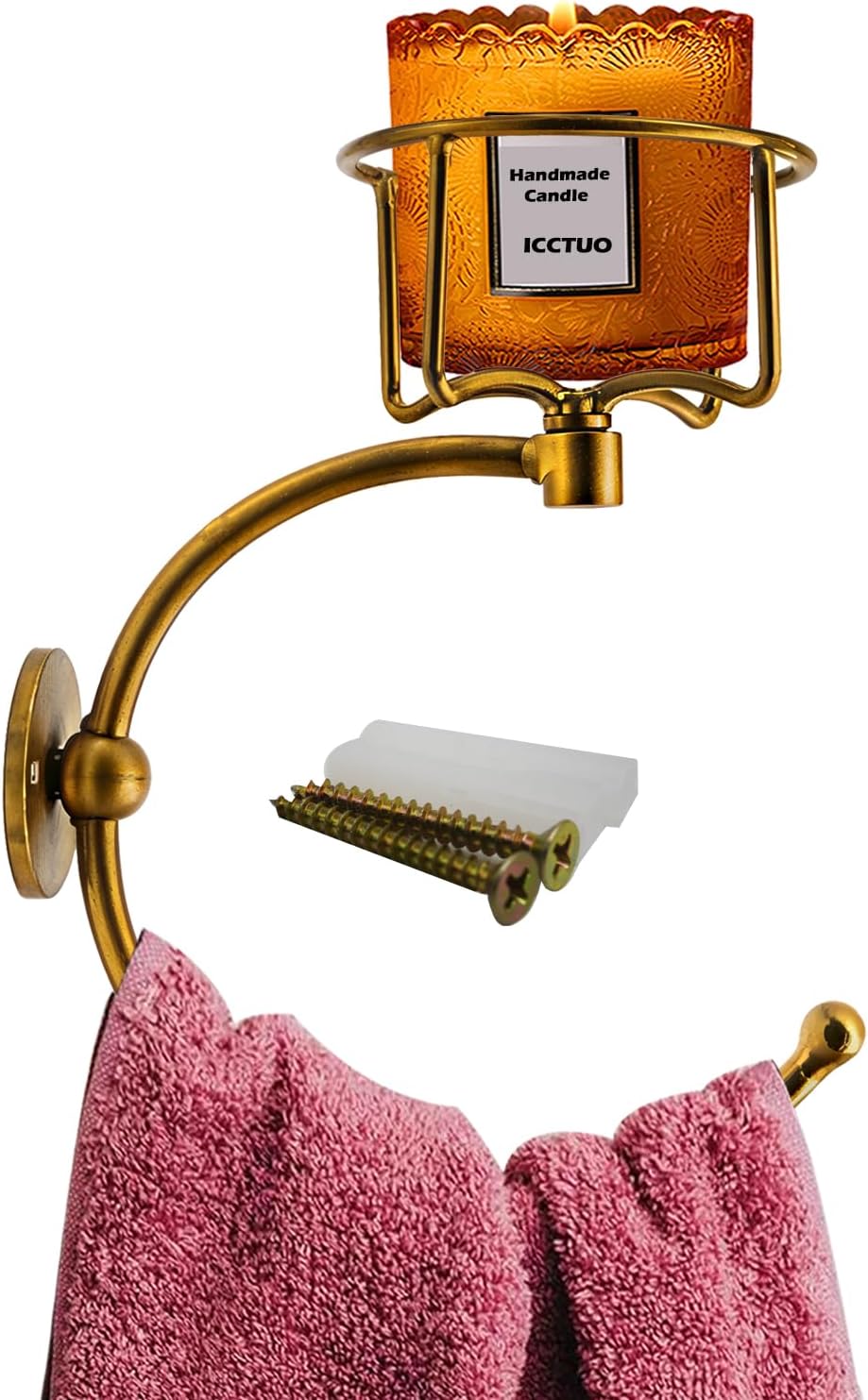 Soporte para toallas de mano con portavelas vintage para pared, gancho para toallas para pared de baño, anillo para toallas rústico con elegante portavelas, colgador resistente montado en la pared para baño