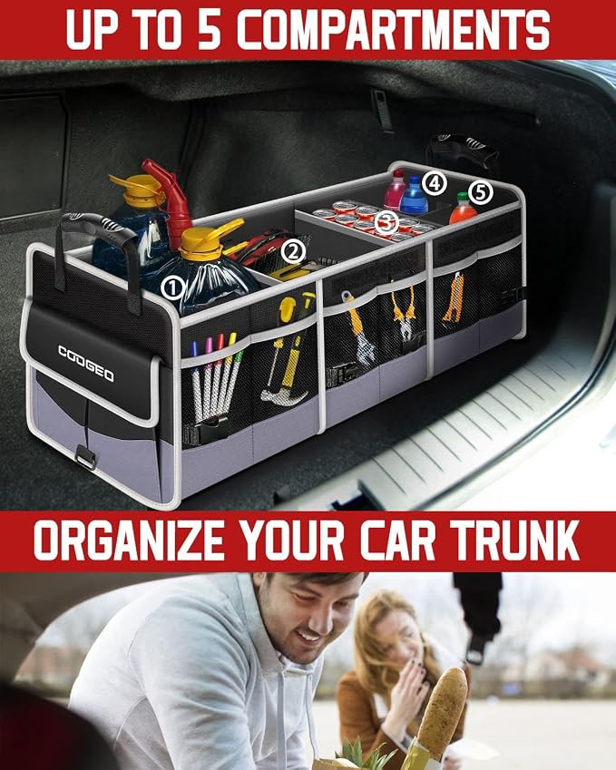 Organizador de Maletero con Bolsa Térmica 3 Compartimentos — Plegable para SUV, Auto y Camión | ⚠️ Agarradera Descosida — No Incluye Accesorios para Colgar