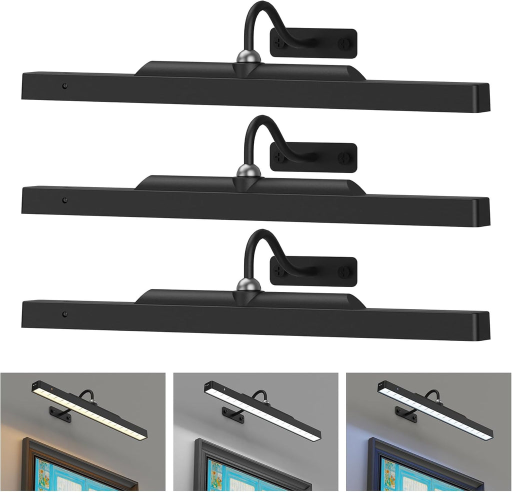 Paquete de 3 luces de imagen que funcionan con pilas, luz de imagen de 16 pulgadas para pared, luces de pared inalámbricas de 5000 mAh con controlador, luz de arte con regulable inalámbrica para pintura de pared, marco, retrato, diana - negro