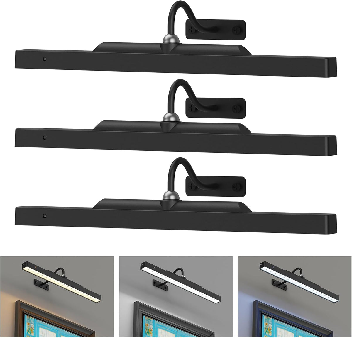 Paquete de 3 luces de imagen que funcionan con pilas, luz de imagen de 16 pulgadas para pared, luces de pared inalámbricas de 5000 mAh con controlador, luz de arte con regulable inalámbrica para pintura de pared, marco, retrato, diana - negro