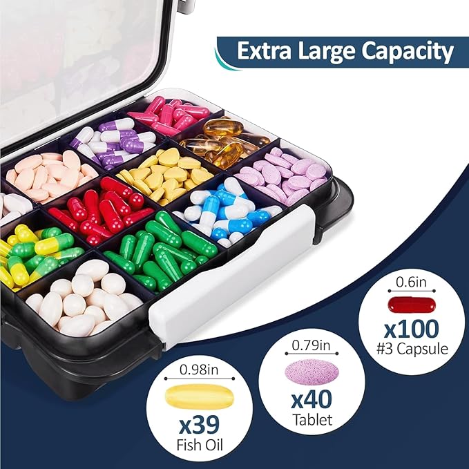 Fullicon Daily Travel Pastillero a Prueba de Humedad con 12 Compartimentos Extra Grandes, Organizador de Pastillas con 3 Hebillas Seguras, Caja Grande de Suplementos para Vitaminas con Divisores