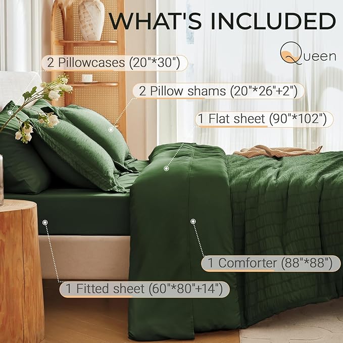 MUXHOMO – Set Edredón Queen Seersucker Verde Oscuro | Bed in a Bag | Lujo para Todas las Temporadas