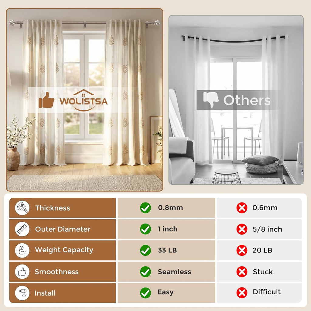 Barra de cortina de madera estilo bohemio, 1 pulgada, decorativa, ajustable, resistente, para ventanas de 48 a 84 pulgadas, barras rústicas para cortinas con remates de hojas de imitación de madera envejecida hechos a mano.