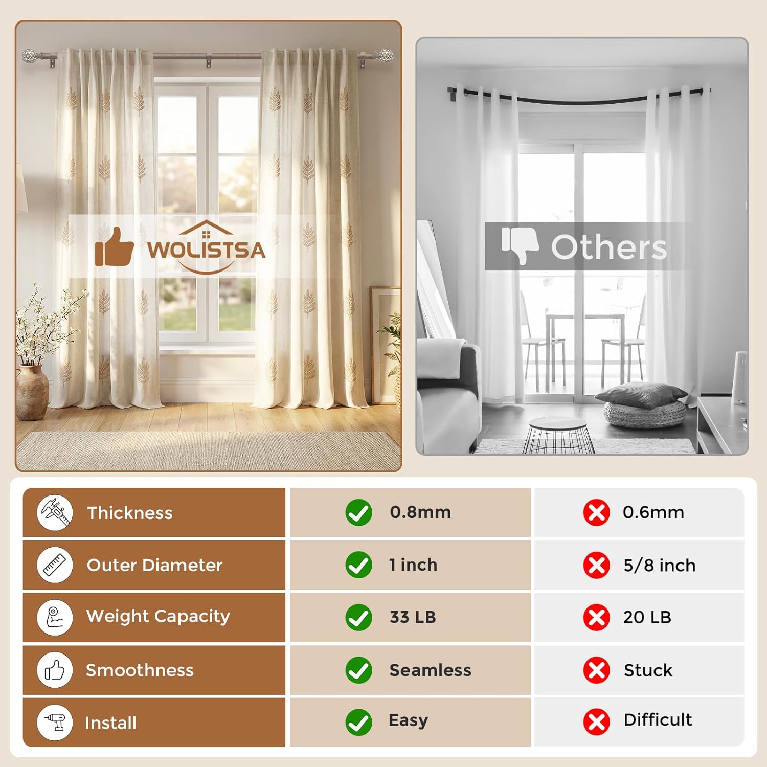 Barra de cortina de madera estilo bohemio, 1 pulgada, decorativa, ajustable, resistente, para ventanas de 48 a 84 pulgadas, barras rústicas para cortinas con remates de hojas de imitación de madera envejecida hechos a mano.