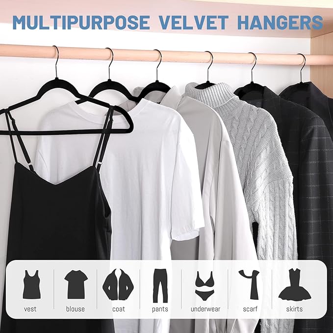 HOUSE DAY Paquete de 60 perchas de terciopelo negro, colgador de fieltro antideslizante, perchas de terciopelo delgado para trajes, camisas, colgador de abrigo resistente para armario