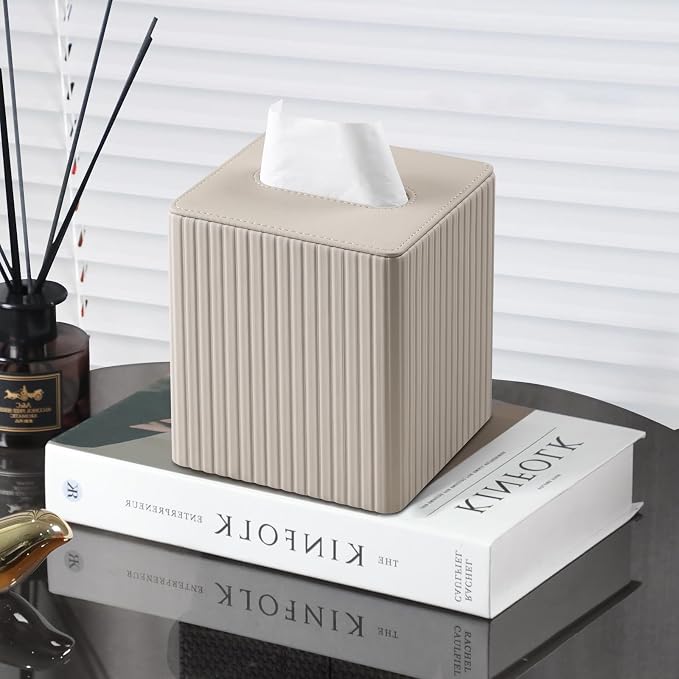 Funda de caja de pañuelos de cuero sintético con cierre magnético (Raya Beige)