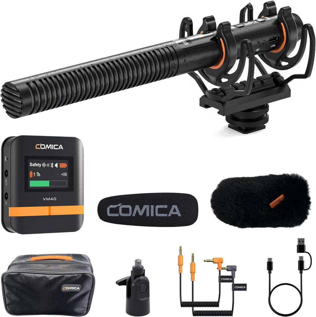 Micrófono Shotgun COMICA VM40 | Grabación 48kHz/32-bit Float | Modos Alámbrico e Inalámbrico | 32GB Internos | Compatible con Canon, Nikon y Sony