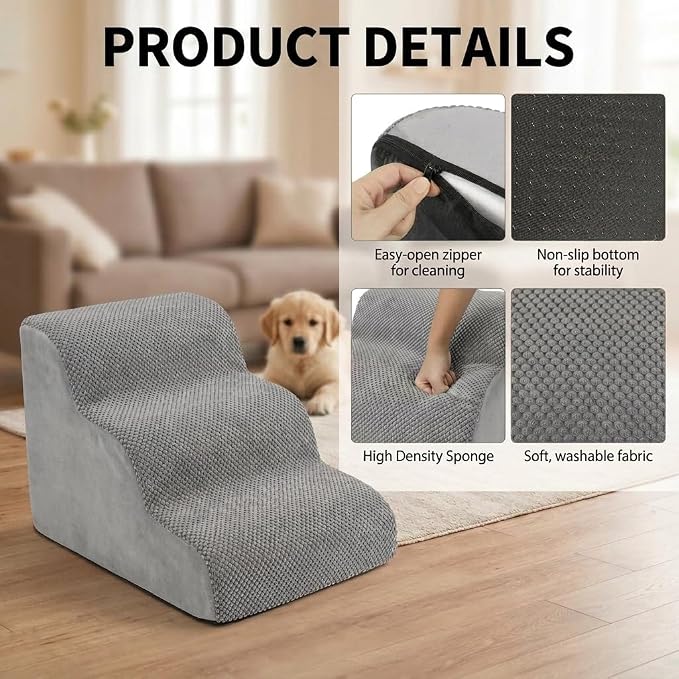 Escaleras para Mascotas con Memory Foam – 3 Escalones Lavables | 60x40x40 cm