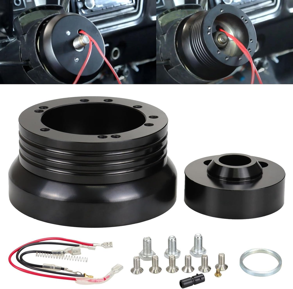 Adaptador de buje de volante universal Sucusph de 5 y 6 orificios, compatible con camionetas Chevy GMC, furgonetas pickup, Jeep, Chrysler, Dodge, Pontiac y Cadillac. Adaptador de volante de aluminio billet pulido (negro).