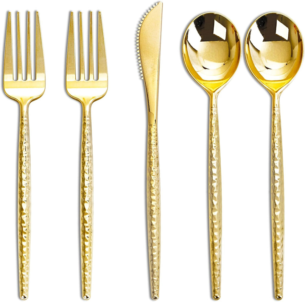 PRODUCTO VIENE COMO SE MUESTRA EN LA SEGUNDA IMAGEN VARIEDAD DE  Cubiertos Dorados de Plastico | Set Desechable Martillado CONTIENE TENEDORES CUCHARAS Y CUCHILLOS