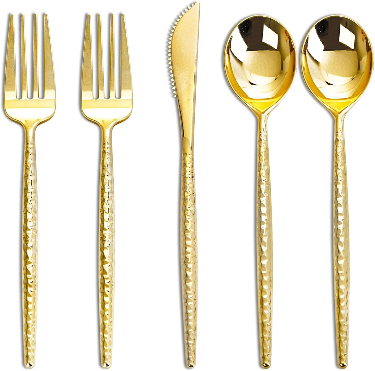 PRODUCTO VIENE COMO SE MUESTRA EN LA SEGUNDA IMAGEN VARIEDAD DE  Cubiertos Dorados de Plastico | Set Desechable Martillado CONTIENE TENEDORES CUCHARAS Y CUCHILLOS