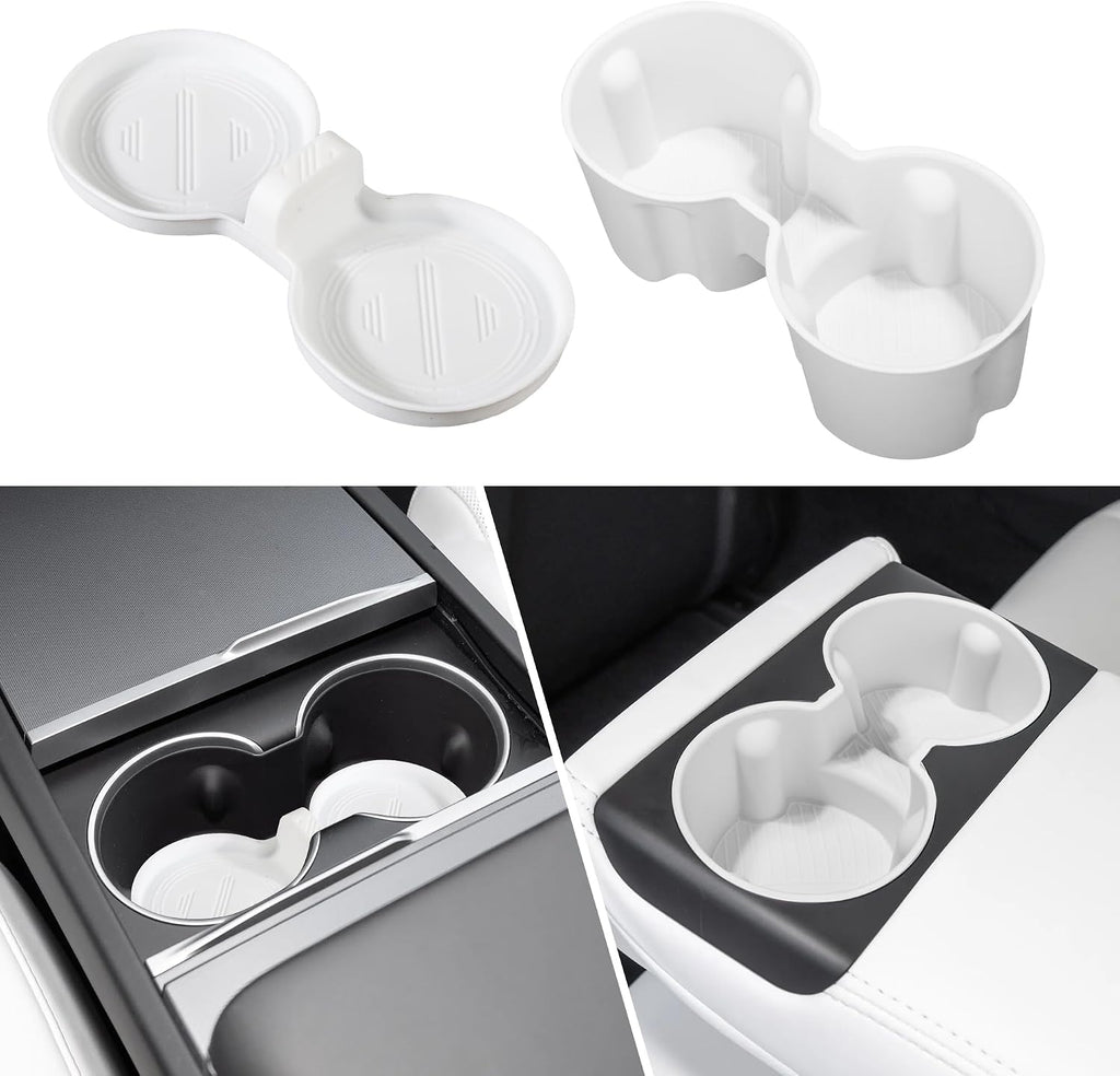 Juego de portavasos Frani (2 piezas) compatible con Tesla Model 3 2021-2026 y Highland Refresh - Inserciones de silicona premium para consola central y asientos traseros, color blanco.