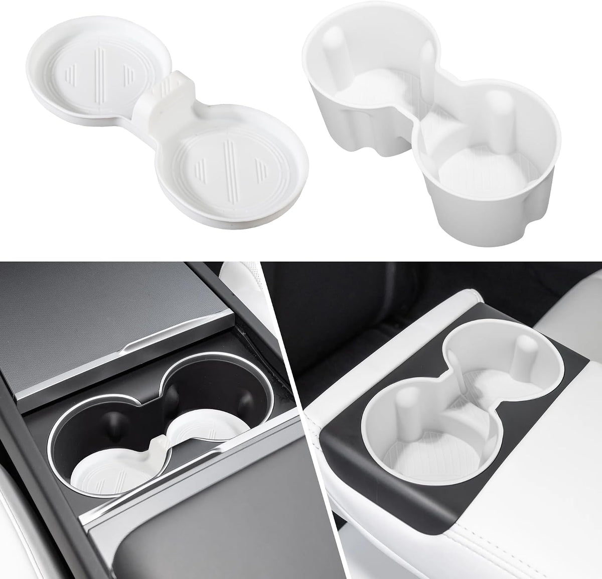 Juego de portavasos Frani (2 piezas) compatible con Tesla Model 3 2021-2026 y Highland Refresh - Inserciones de silicona premium para consola central y asientos traseros, color blanco.