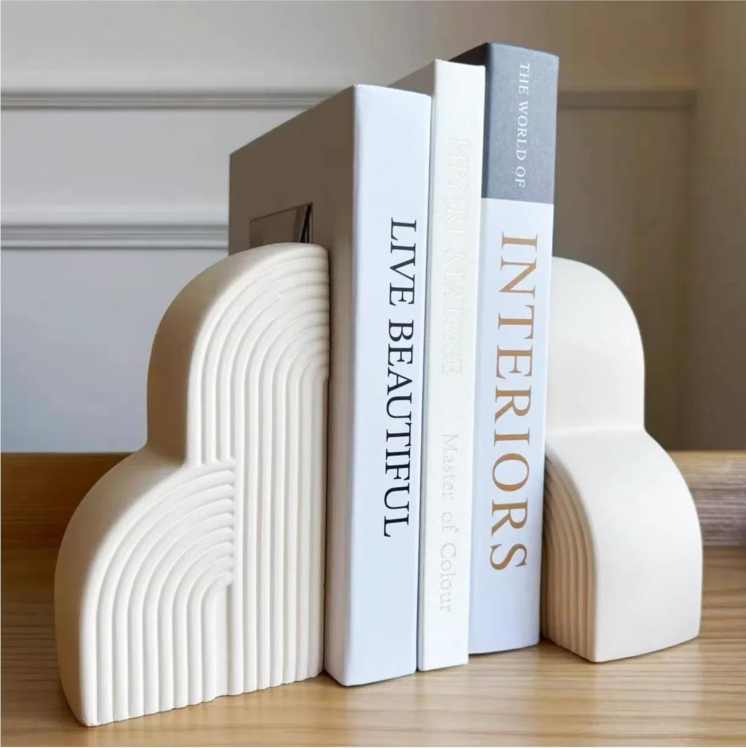 Sujetalibros Decorativos de Concreto JolieJulie – Estilo Boho, Antideslizantes, Set de 2 (Blanco Crema)